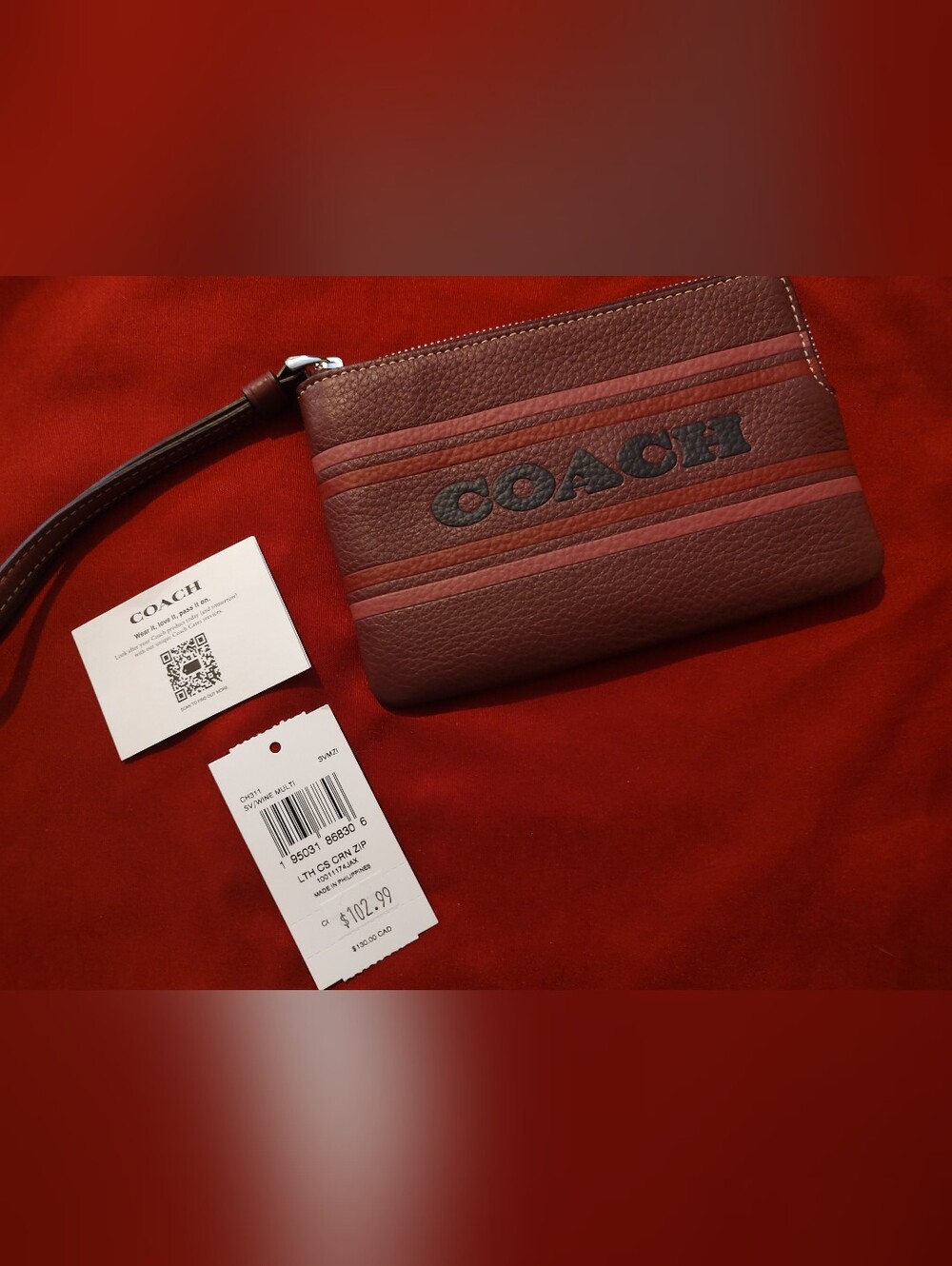 Coach Pebbled Leather Zip Wristlet in Wine and Burgundy